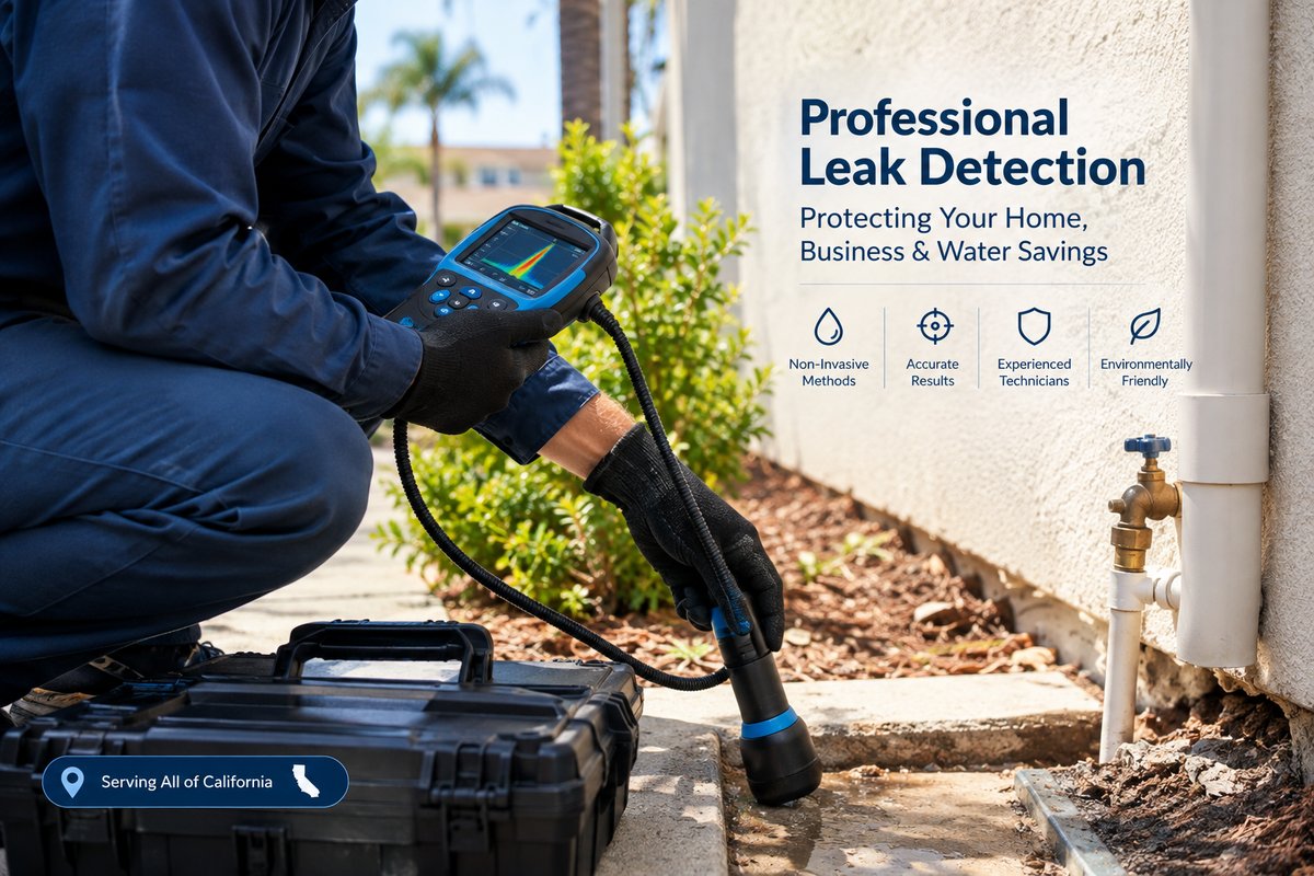 Professional leak detection technician using acoustic equipment outside a California home, non-invasive methods, accurate results, experienced technicians, eco-friendly