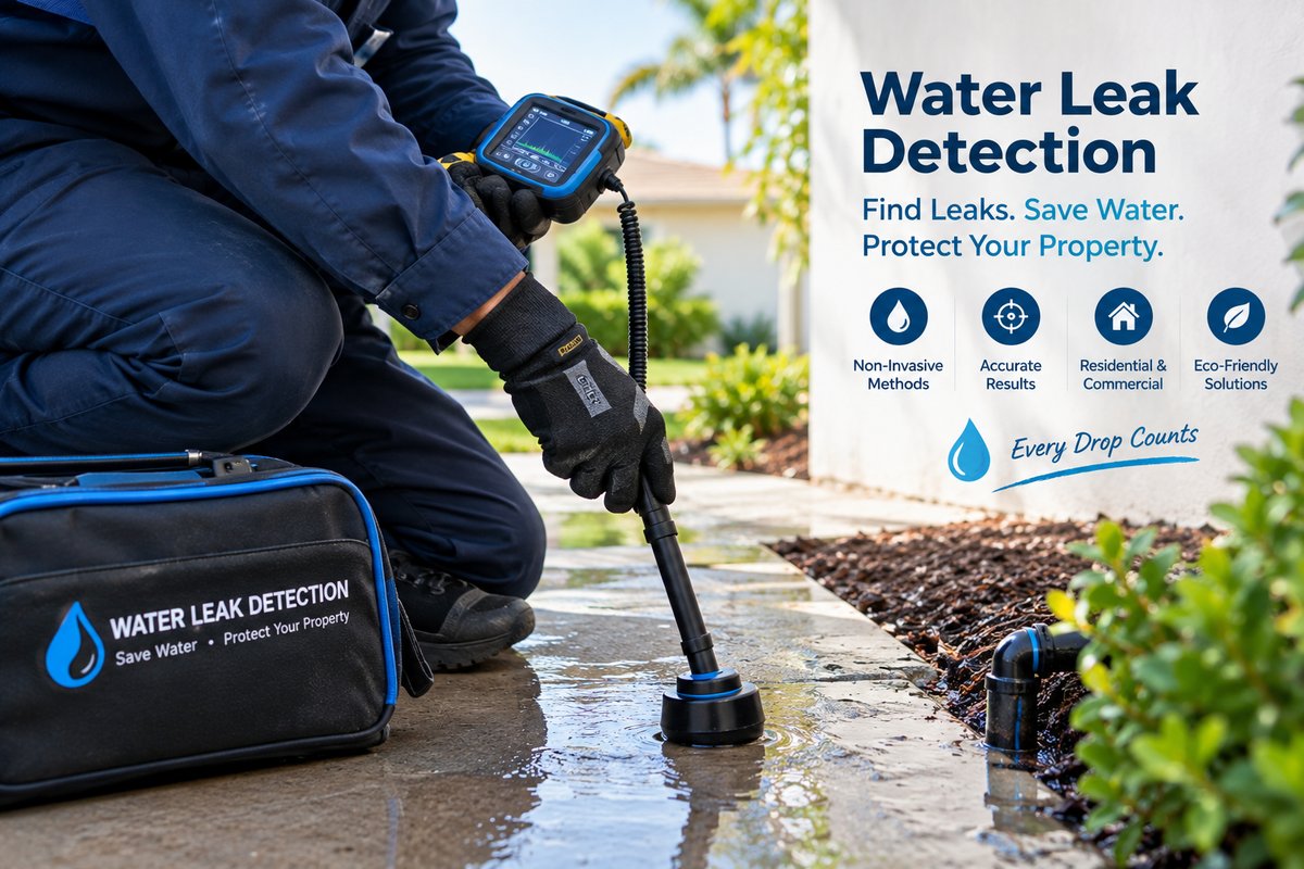 Technician using acoustic leak detection equipment to locate a water leak outside a California home