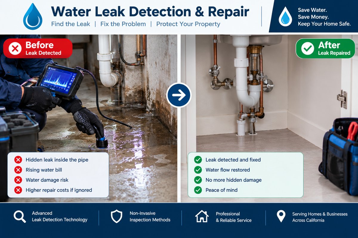 Before and after comparison of a water leak detection and repair job under a bathroom sink